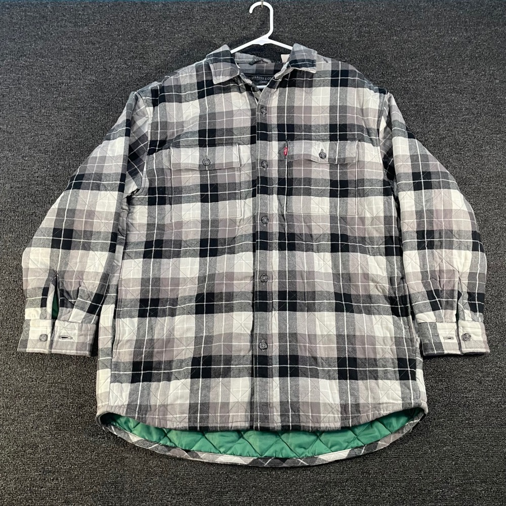 Levi Strauss Quilted Shirt Jacket Mens Medium Grey Black Plaid Good Flannel